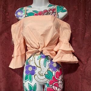 Forever 21 Bell Sleeve Pink Tie Front Crop Blouse